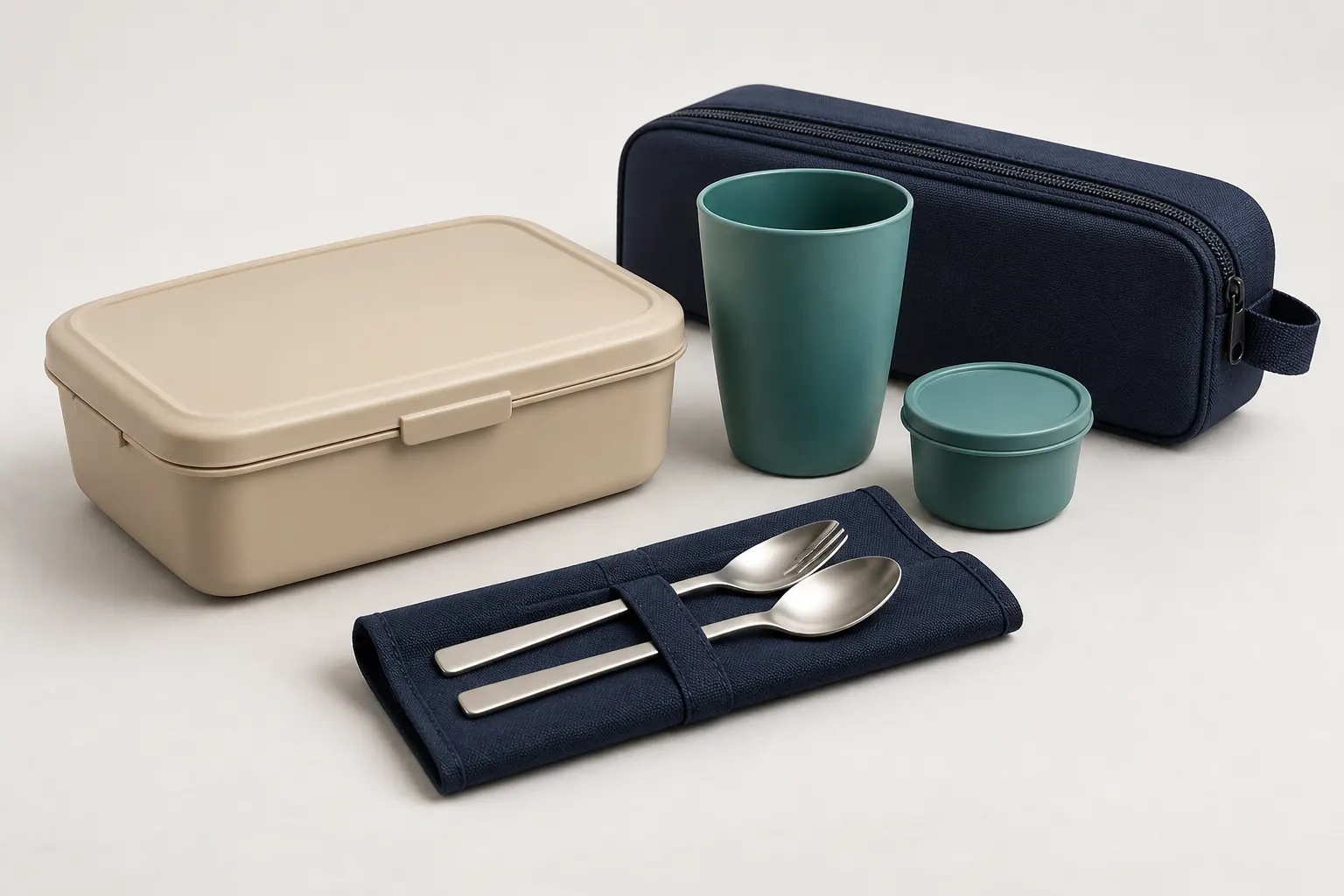 Compact rail meal service set with sand beige tray teal accessories and navy case