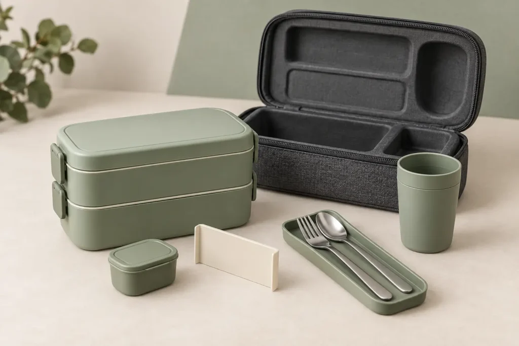 Modular stackable office lunch set with fitted charcoal carry case