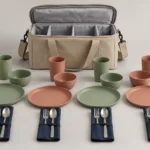 Resort guest picnic kit with four PP place settings and divided insulated tote