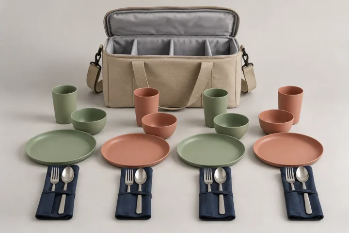 Resort guest picnic kit with four PP place settings and divided insulated tote