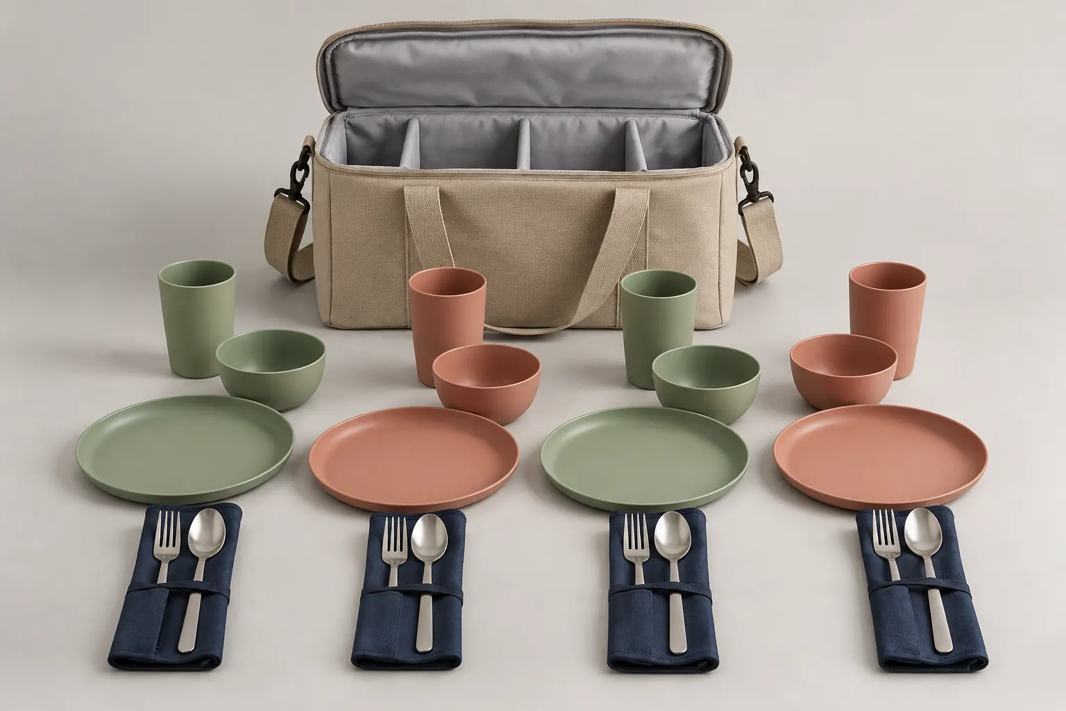 Resort guest picnic kit with four PP place settings and divided insulated tote