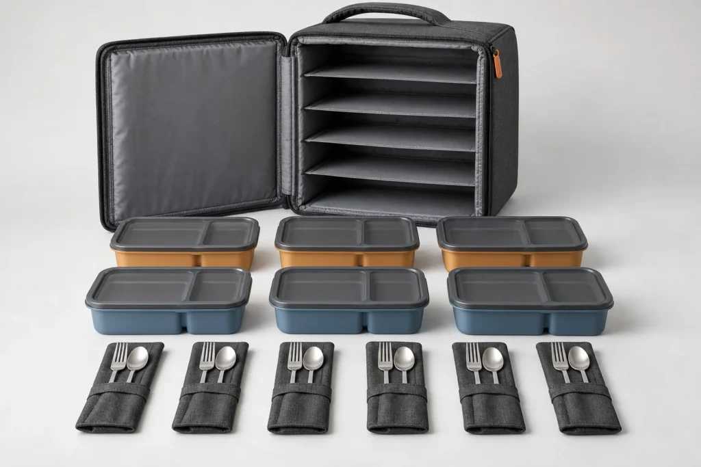Event crew catering kit with six divided meal boxes cutlery sleeves and insulated carrier