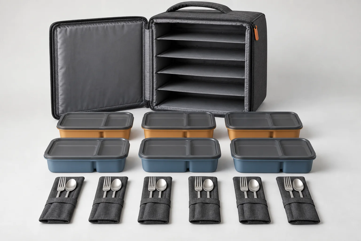 Event crew catering kit with six divided meal boxes cutlery sleeves and insulated carrier