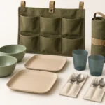 Campervan dining kit with two plates two bowls two cups cutlery sleeves and olive hanging organizer