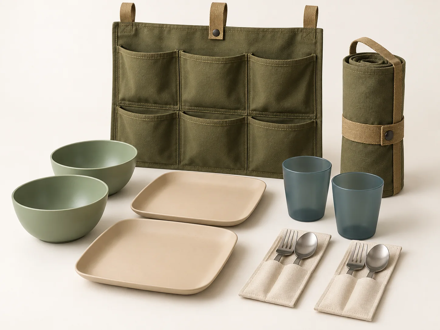 Campervan dining kit with two plates two bowls two cups cutlery sleeves and olive hanging organizer