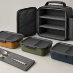 Driver bento kit with three color coded meal boxes cutlery sleeve and three shelf cab case