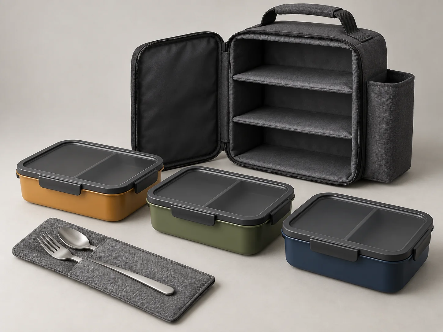 Driver bento kit with three color coded meal boxes cutlery sleeve and three shelf cab case