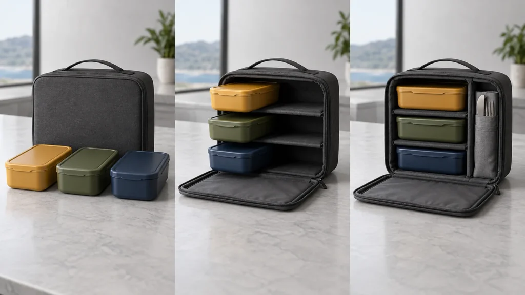 Three meal boxes loaded in sequence into a three shelf driver case