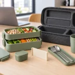 Modular stackable lunch set arranged in a modern office break area