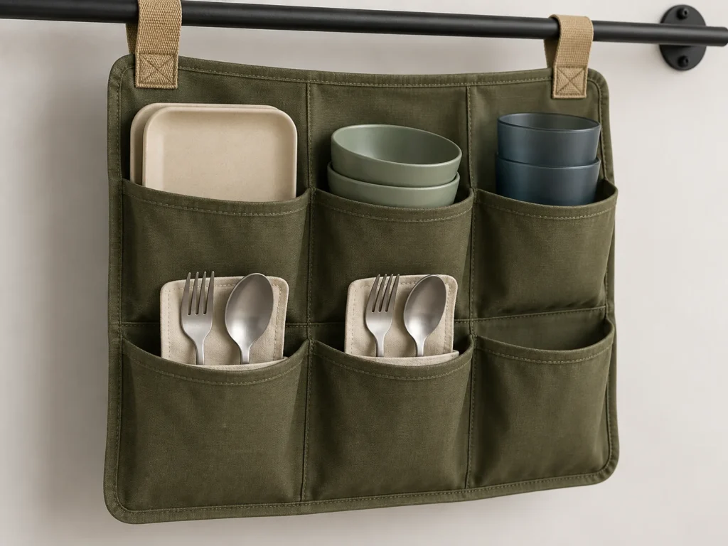 Two-person campervan dining kit secured in six organizer pockets