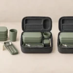 Modular office lunch set shown before packing and fitted inside the carry case