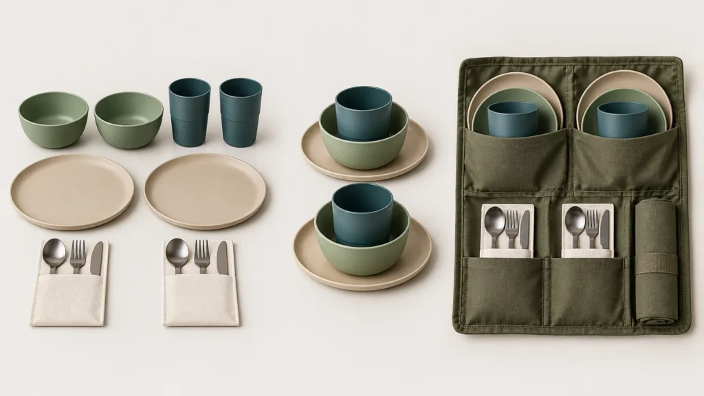 Campervan dining kit components nested and placed into the roll organizer