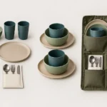 Campervan dining kit components nested and placed into the roll organizer