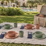 Four person resort guest picnic kit arranged in a hotel garden