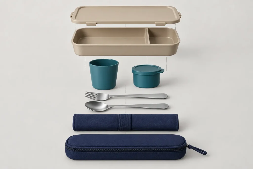 Exploded structure view of compact rail meal service set components
