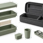 Exploded structure view of stackable lunch set components and carry case