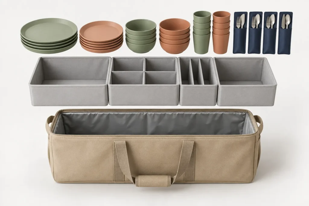 Exploded nesting structure of the resort guest picnic kit and tote dividers