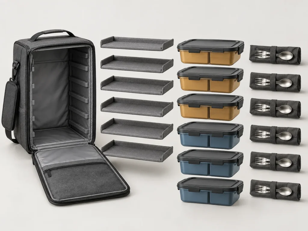 Exploded view of carrier shelves meal boxes and cutlery sleeves