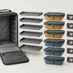 Exploded view of carrier shelves meal boxes and cutlery sleeves