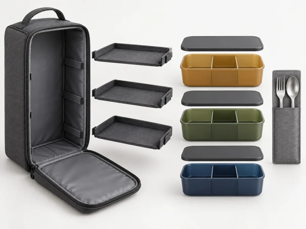 Exploded view of three shelf case boxes lids and stainless cutlery sleeve