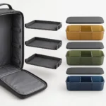 Exploded view of three shelf case boxes lids and stainless cutlery sleeve