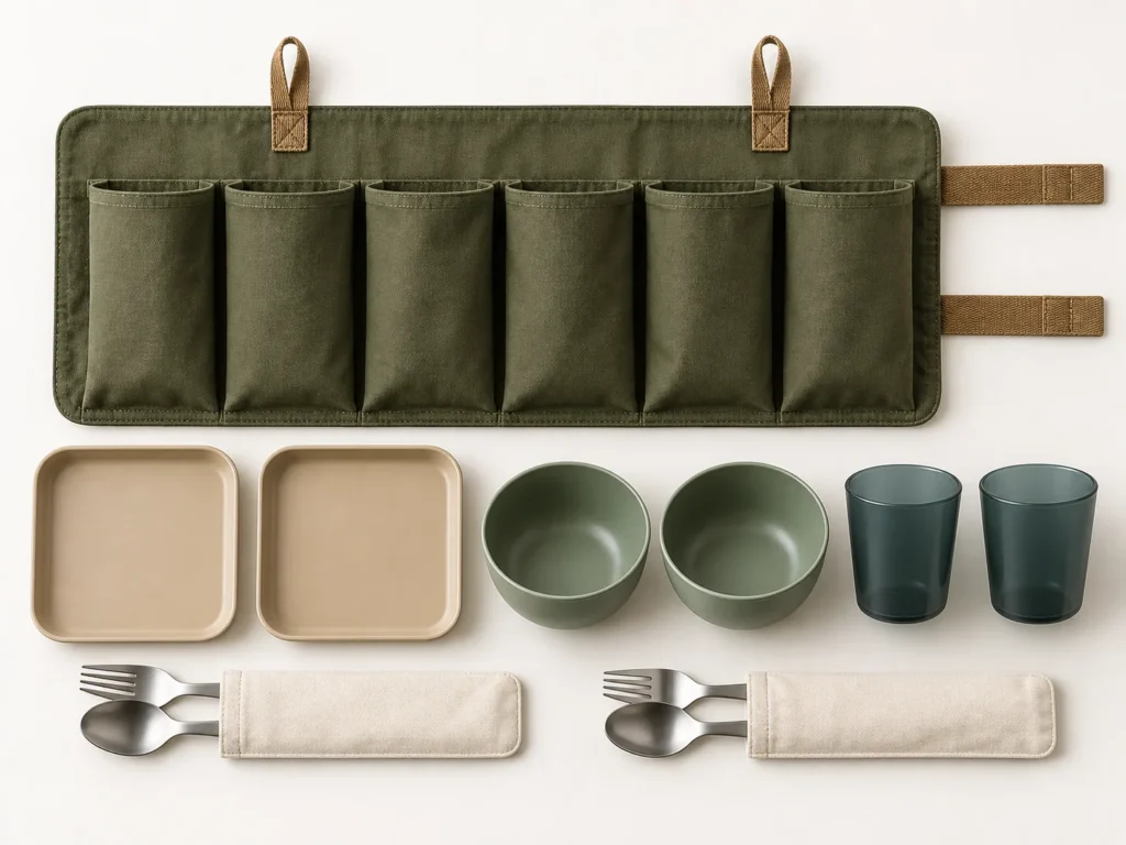Exploded arrangement of organizer plates bowls cups and cutlery sleeves