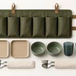 Exploded arrangement of organizer plates bowls cups and cutlery sleeves