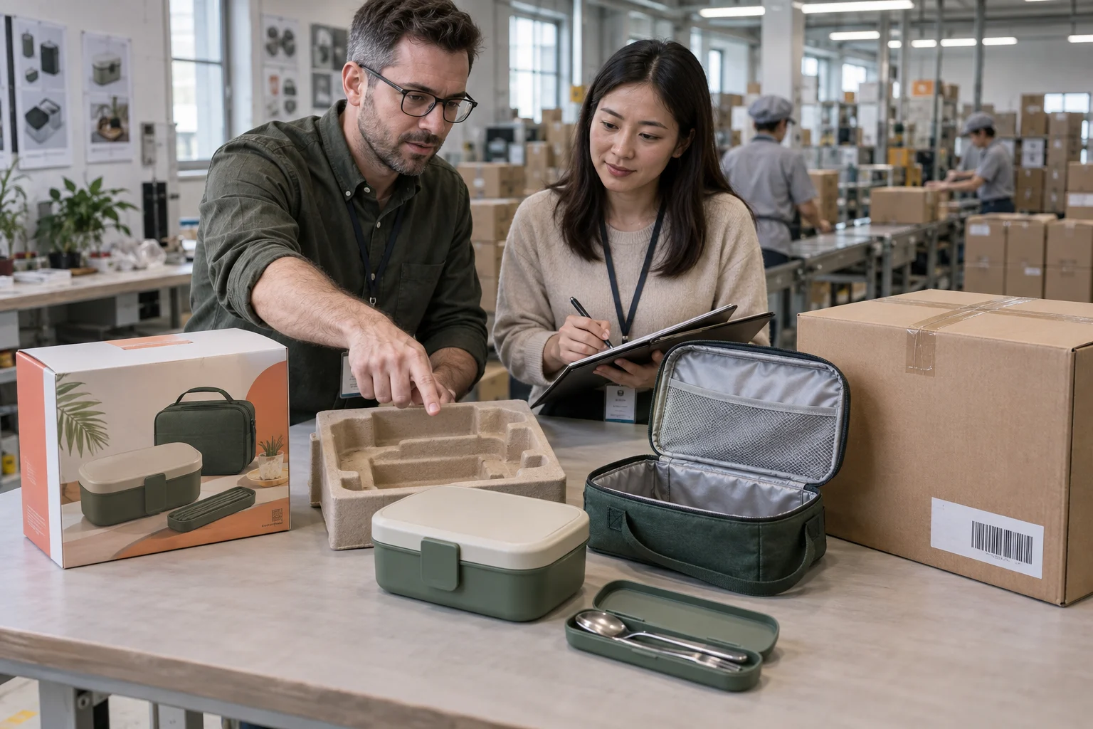 Complete lunch set retail packaging approval B2B buyers reviewing a complete lunch box, cutlery, fitted carry bag, retail package and export carton