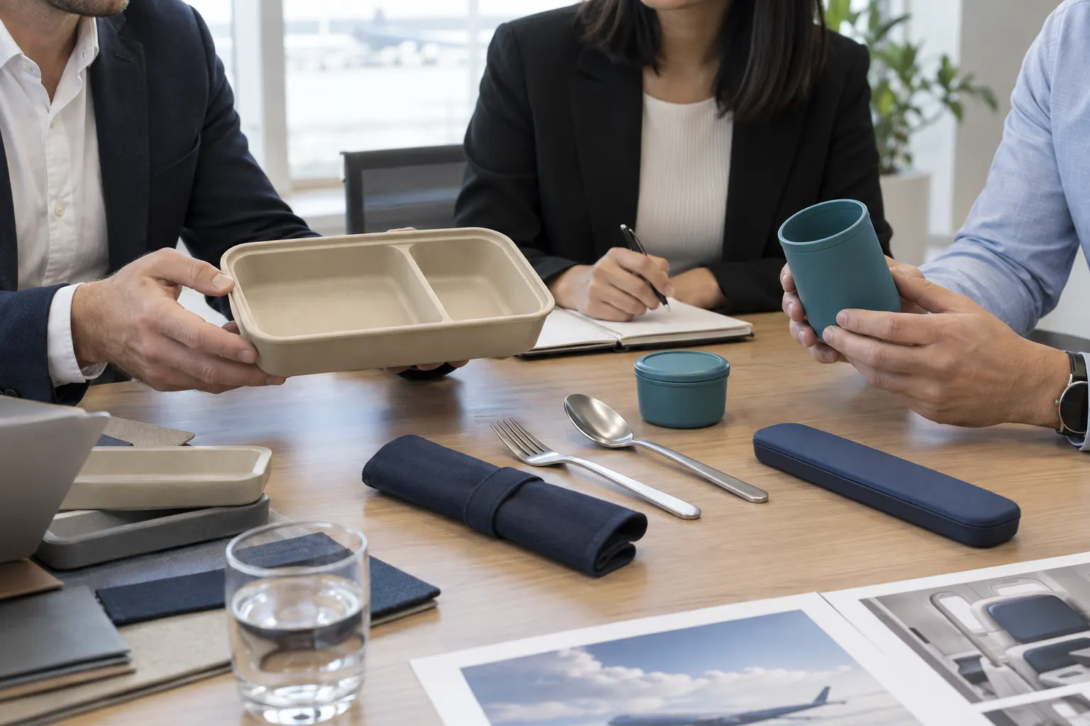Procurement team reviewing reusable rail meal kits for passenger service