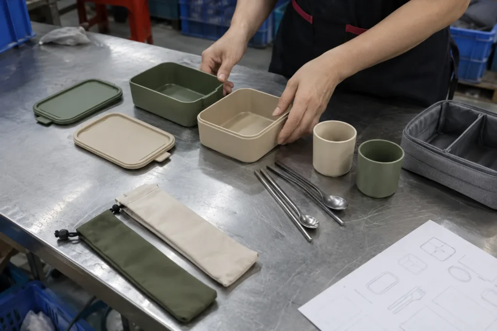 Chinese manufacturing worker arranging container lids cups cutlery sleeves and carry case components — AI-generated conceptual illustration