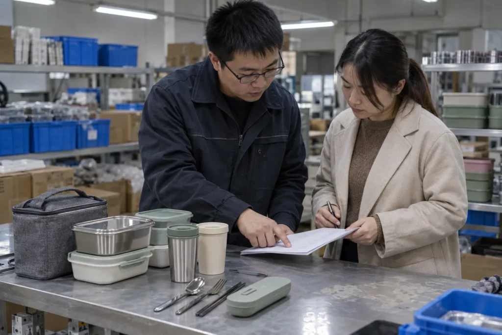 Chinese tableware product engineer and office procurement colleague reviewing a portable dining component brief — AI-generated conceptual illustration