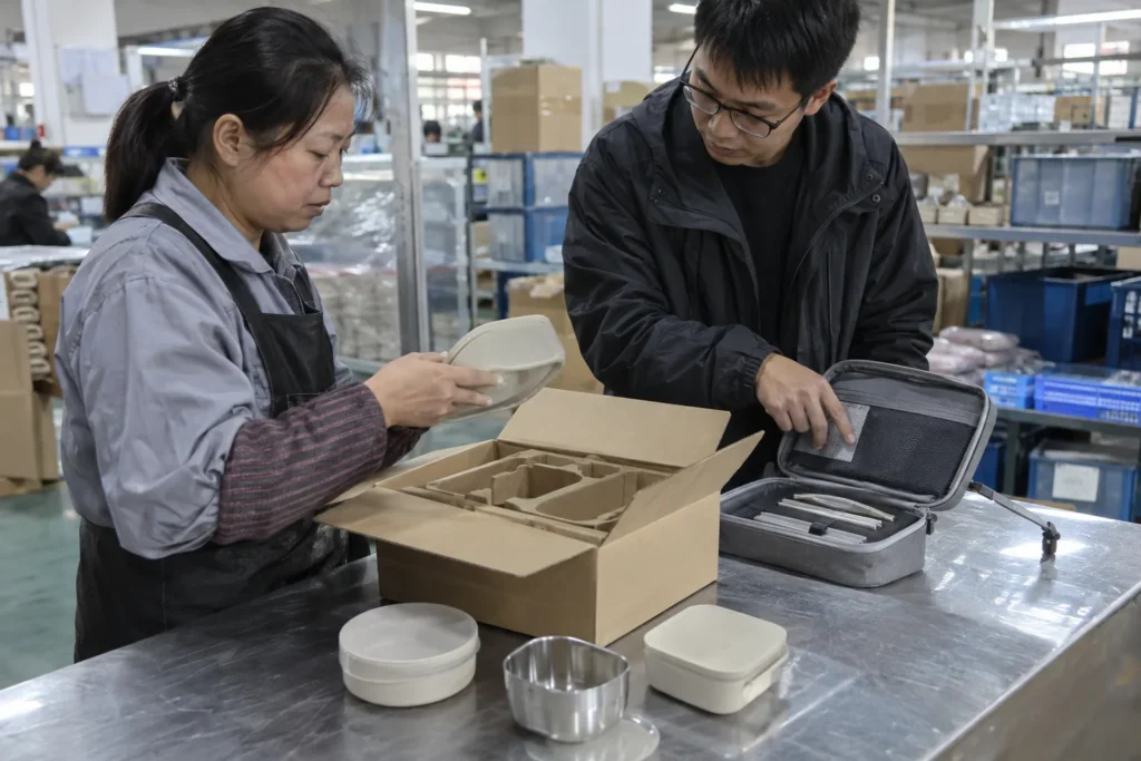 Chinese factory packaging worker and engineer reviewing a portable dining set carton and carry case — AI-generated conceptual illustration