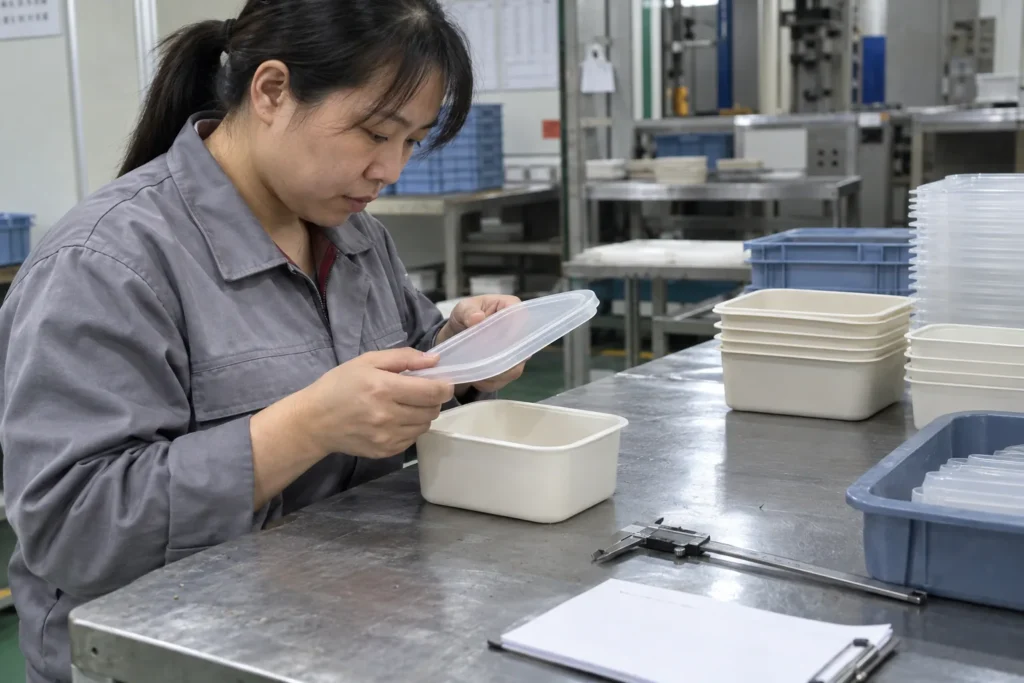 Chinese factory quality inspector checking fit of a portable food container lid — AI-generated conceptual illustration