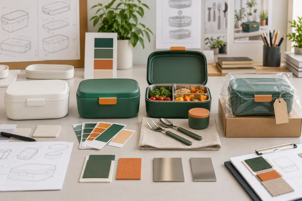 Custom tableware samples arranged from prototype and color review to functional set and final approval