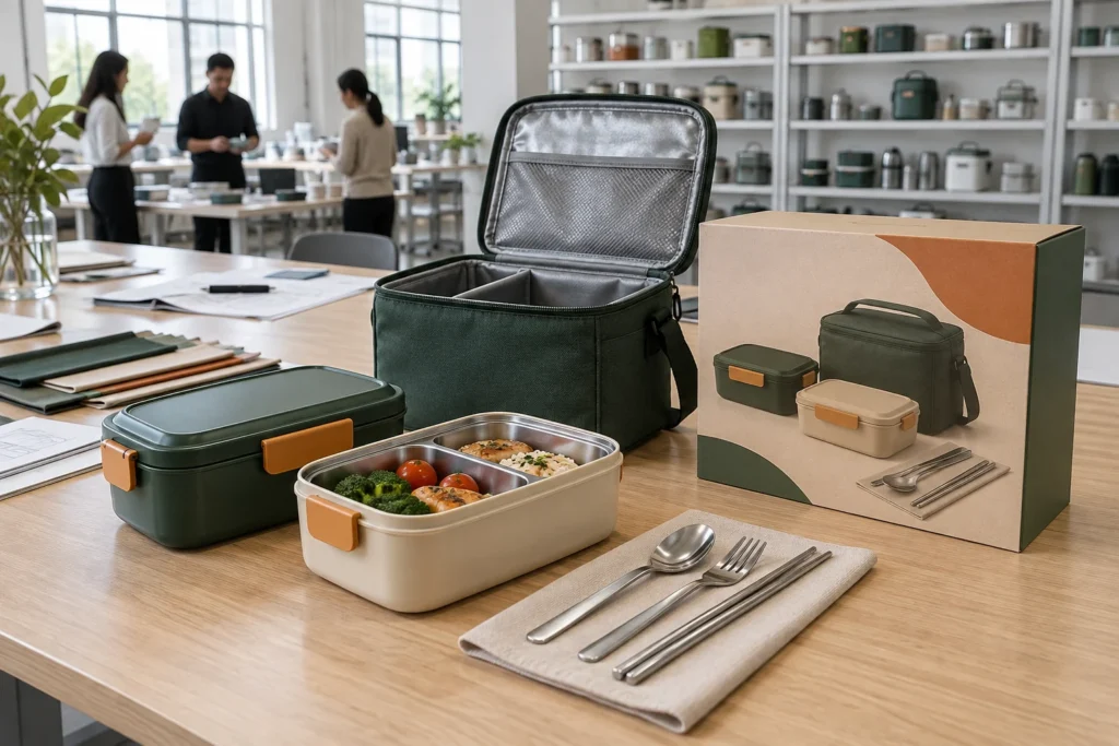 Lunch boxes, cutlery, fitted carry bag and retail packaging coordinated as one B2B lunch set