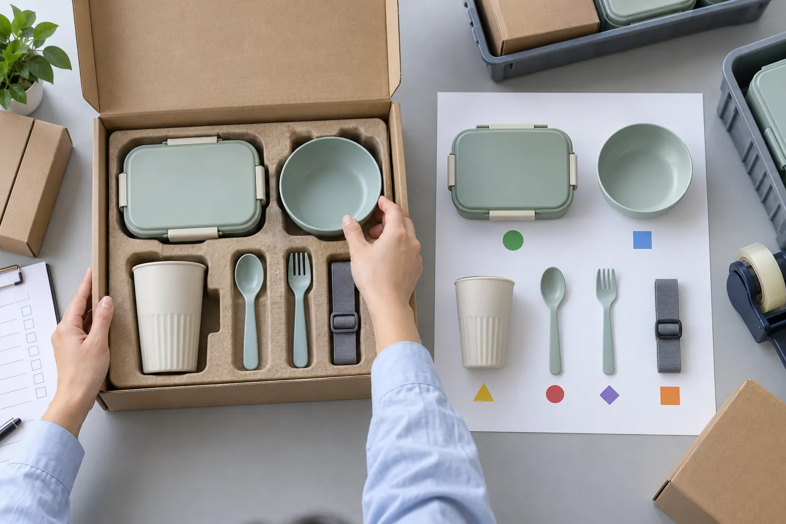 Buyer matching lunch box, bowl, cup, cutlery and carrying strap to a visual packout map and insert