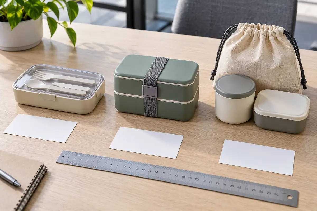 Three compact corporate lunch kit formats compared by footprint, component count and carry method