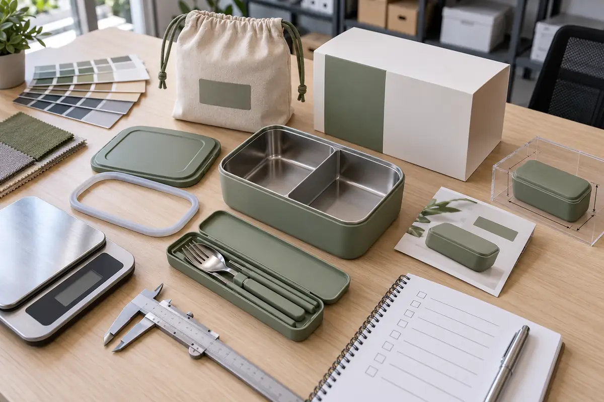 Corporate lunch kit sample reviewed with divider, lid, seal, cutlery, pouch, scale, calipers and color swatches