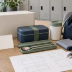 Compact corporate welcome lunch kit with lunch box, cutlery, cup, pouch, blank welcome card and packaging drawing