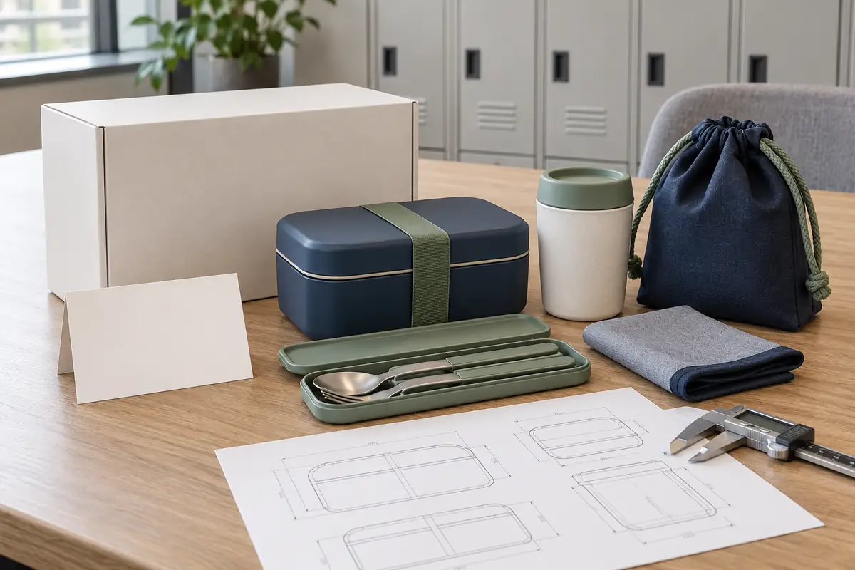 Compact corporate welcome lunch kit with lunch box, cutlery, cup, pouch, blank welcome card and packaging drawing
