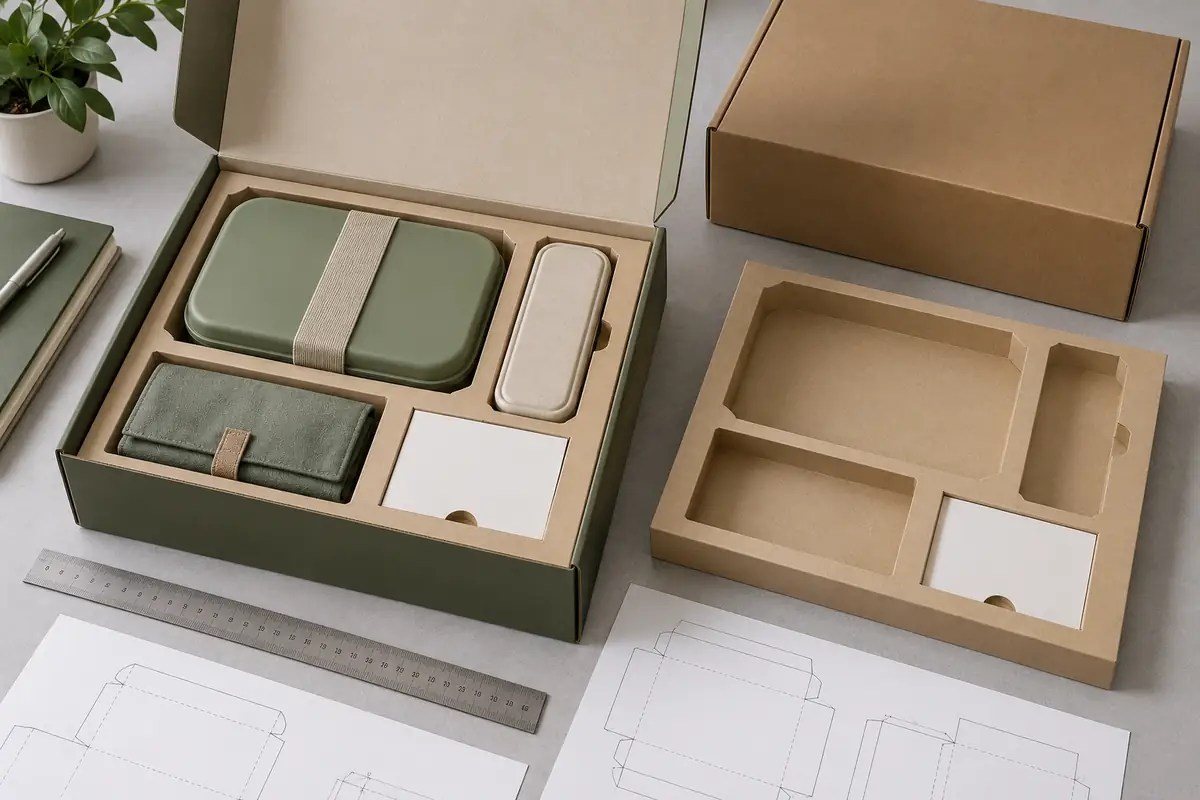 Corporate lunch box, cutlery and pouch fitted into a paperboard welcome box insert beside a packaging dieline