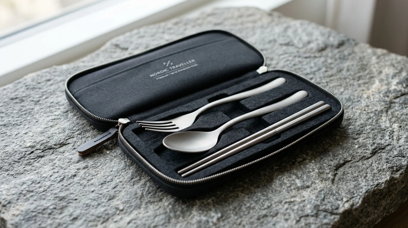 Custom branded portable tableware set with titanium cutlery in minimalist travel case