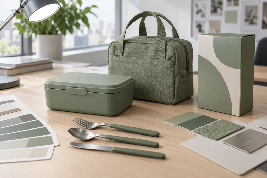 Coordinated green lunch box, cutlery, textile bag and retail carton arranged with color swatches