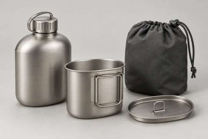 Custom titanium canteen cup set with nesting cup, fitted lid and charcoal carry pouch