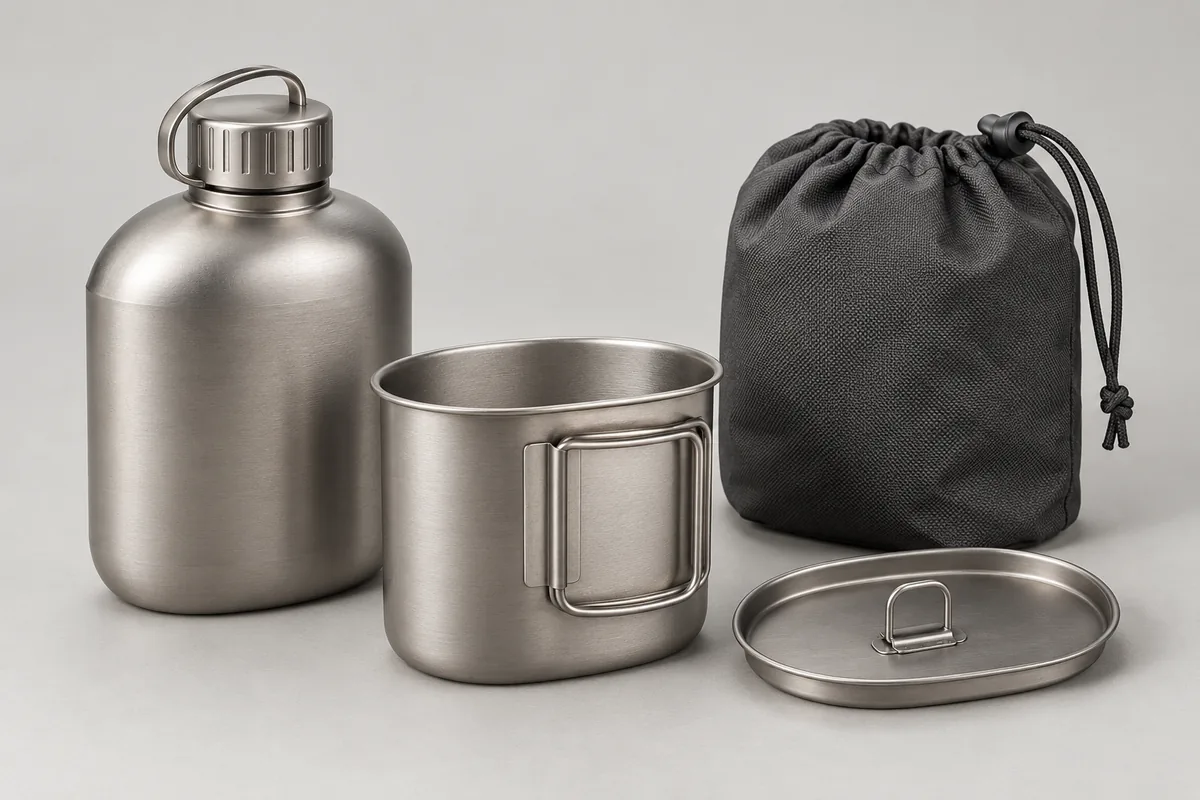 Custom titanium canteen cup set with nesting cup, fitted lid and charcoal carry pouch
