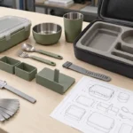 Portable dining kit components arranged with retention insert, separators and movement inspection tools