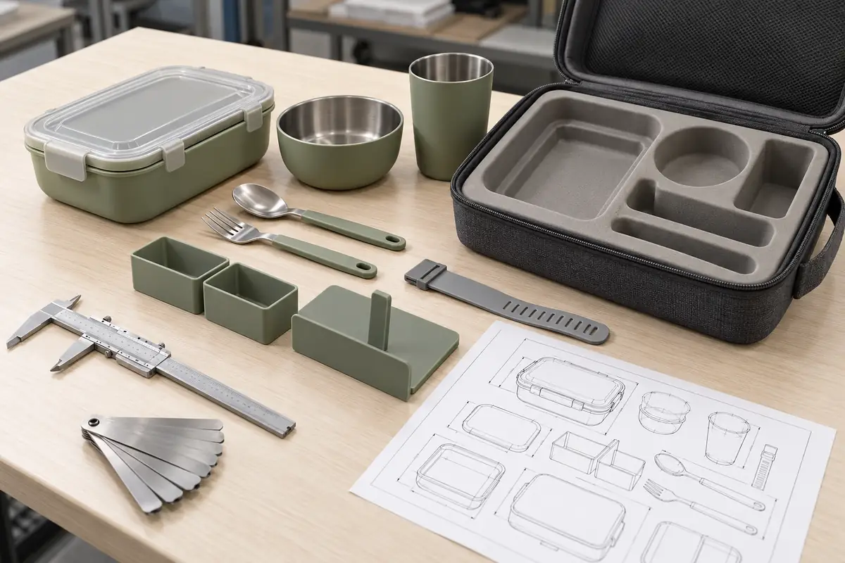 Review dining kit component retention before production release Portable dining kit components arranged with retention insert, separators and movement inspection tools