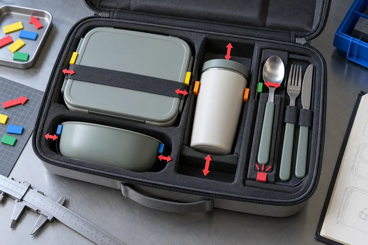 Trace movement paths before selecting a retention method Lunch box, cup and cutlery marked at likely movement and impact paths inside a carry case