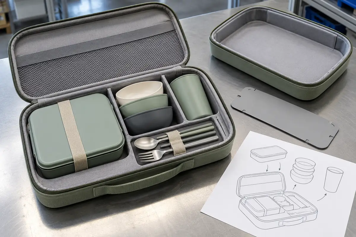 Approve retention, retrieval and closed-case fit together Complete portable dining kit pack-out checked with dividers, elastic keeper and closed-case clearance gauges