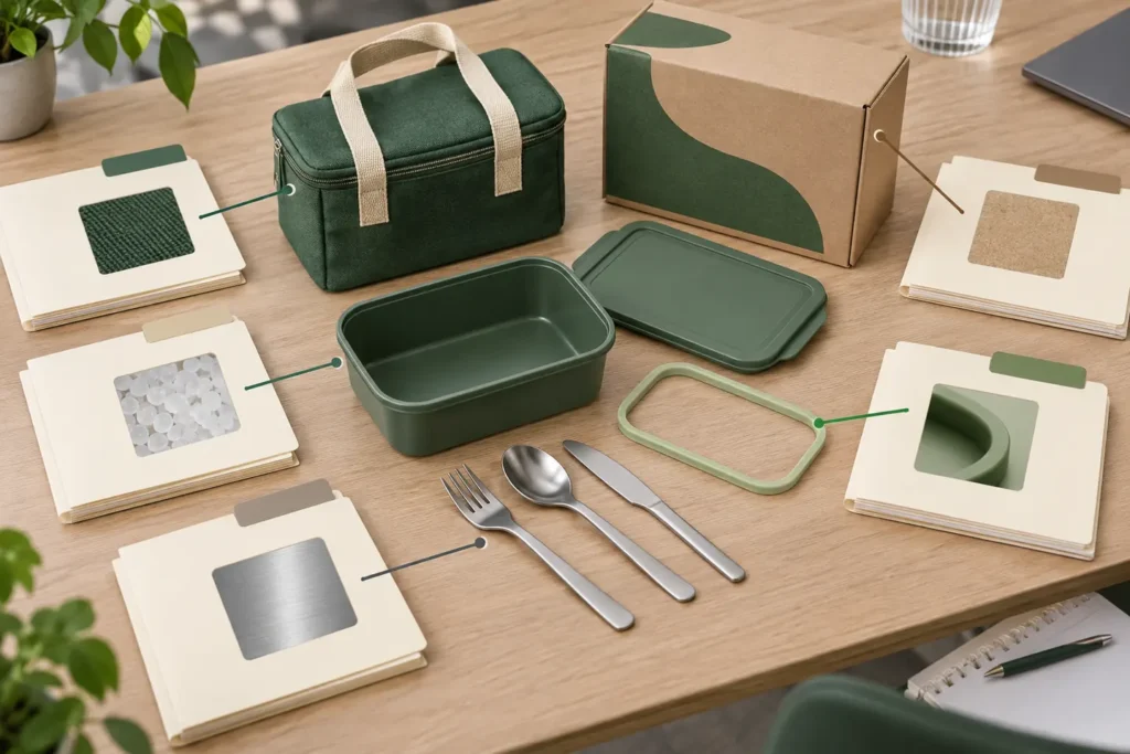Mixed-material green meal kit connected to separate plastic, bio-composite, steel, textile and paper evidence folders